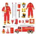 Firefighter uniform and equipment set, flat vector illustration. Fireman, red fire engine, water hose, extinguisher etc. Royalty Free Stock Photo