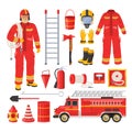 Firefighter uniform and equipment set, flat vector illustration. Fireman, red fire engine, water hose, extinguisher etc Royalty Free Stock Photo