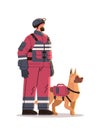 firefighter in uniform fireman with firefighting equipment and dog emergency service happy labor day celebration concept