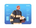firefighter in uniform fireman with firefighting equipment emergency service happy labor day celebration concept