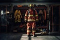 Firefighter in uniform and helmet standing in front of the fire station, Firefighter bunker suit in the fire station, AI Generated