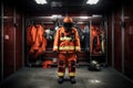 Firefighter in uniform and mask standing in front of the fire station, Firefighter bunker suit in the fire station, AI Generated