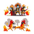 Firefighter in Uniform and Protective Helmet Extinguishing Hazardous Fire with Hose Vector Set