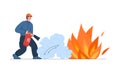 Firefighter using fire extinguisher flat vector illustration isolated.