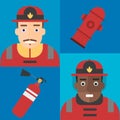 Firefighter vector firefighting equipment firehose hydrant and fire extinguisher illustration firemans uniform with helmet