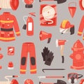 Firefighter vector firefighting equipment firehose hydrant and fire extinguisher illustration set of fireman uniform Royalty Free Stock Photo