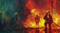 Firefighter with vibrant flames and a team in action heroism in the heat Royalty Free Stock Photo
