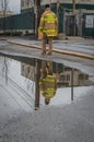 Firefighter walking at an industrial site