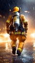 Firefighter walks through rain as water mixes with ashes in dramatic setting Generative AI Royalty Free Stock Photo