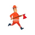 Firefighter Wearing Orange Protective Uniform and Helmet Running with Axe, Cheerful Professional Male Freman Cartoon Character