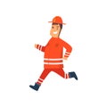 Firefighter Wearing Orange Protective Uniform and Helmet Running, Cheerful Professional Male Freman Cartoon Character Doing His