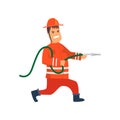 Firefighter Wearing Orange Protective Uniform and Helmet Running with Fire Hose, Cheerful Professional Male Freman Cartoon Royalty Free Stock Photo