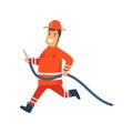 Firefighter Wearing Orange Protective Uniform and Helmet Running with Fire Hose, Cheerful Professional Male Freman Cartoon Royalty Free Stock Photo