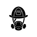 Firefighter wearing protective gas mask and helmet.