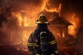 Firefighter woman hero burning house. Generate Ai Royalty Free Stock Photo