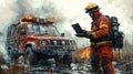 Firefighter working on a laptop outdoors with firefighting vehicle in the background