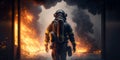 Firefighter works on fire, fireman walks inside burning building, illustration, generative AI