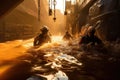 Firefighters in action during a fire fighting operation in the city. A breathtaking image of a seabed mining operation, with large