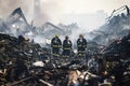 Firefighters assessing damage after devastating industrial fire Royalty Free Stock Photo