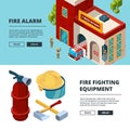 Firefighters banners. Proffesional items fire station wildfire flame uniform rescue man extinguisher vector isometric Royalty Free Stock Photo