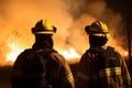 Firefighters battling a forest fire at night Royalty Free Stock Photo