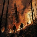Firefighters battling intense wildfire in forest. (1 Royalty Free Stock Photo