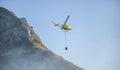 Firefighters battling a wildfire burning a forest of trees on a mountain.