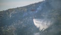 Firefighters battling a wildfire burning a forest of trees on a mountain. Royalty Free Stock Photo