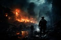 Firefighters in a blazing urban landscape