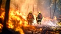 Firefighters combating raging wildfires. The increase in global wildfire occurrences, fueled by climate change and global warming