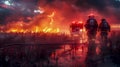 Firefighters Confront A Blazing Inferno Amidst A Torrential Downpour, Poised And Ready