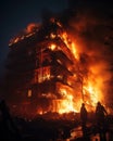 Firefighters Confront Massive Blaze in Urban Night. Generative AI Royalty Free Stock Photo