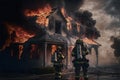 Firefighters crew fighting fire accident at nighttime. Neural network generated art