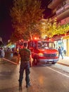 Firefighters do a firefighting and extrication demonstration in the center of Kalamata city, Greece