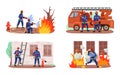 Firefighters. Emergency rescue service workers in uniforms. Firemen saving people of fire concept. Rescuers