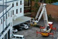 Firefighters exercise on a fire engine ladder