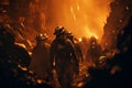 Firefighters extinguish a fire in a cave. Selective focus