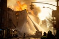 firefighters extinguish a fire in the city during a heavy fire Royalty Free Stock Photo