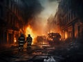 Firefighters extinguish a fire in city at night