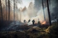 Firefighters extinguish a fire in the forest. Selective focus. forest fire with trees on fire firefighters trying to stop the fire