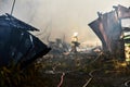 Firefighters extinguish a fire in a garage Royalty Free Stock Photo