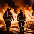 Firefighters extinguish a fire with a hose at a training center