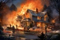 firefighters extinguish a fire in the house. 3d illustration, American houses on fire and firefighters trying to stop the fire, AI