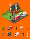 Firefighters Extinguish Fire at House and Elements Part Isometric View. Vector Royalty Free Stock Photo