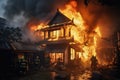 Firefighters extinguish a fire in a house, Firefighters fighting a fire, Asian house on fire and firefighters are trying to stop