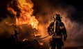 Firefighters extinguish a fire. Using Twirl water fog type fire extinguisher to fighting with the fire flame from oil to control