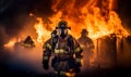 Firefighters extinguish a fire. Using Twirl water fog type fire extinguisher to fighting with the fire flame from oil to control