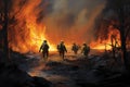 Firefighters extinguish a forest fire. Firefighters fighting a fire, Firefighters battling a wildfire, AI Generated Royalty Free Stock Photo