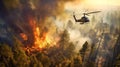 Firefighters extinguish a forest fire with a helicopter at night. Generative AI.