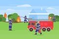 Firefighters extinguish the outdoor fire around house a vector illustration